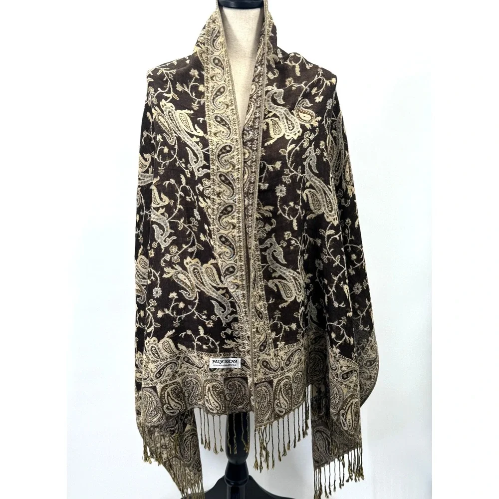 Pashmina Shawl Scarf Wrap Paisley Floral Brown Tan Cream Cashmere Earthy Garden